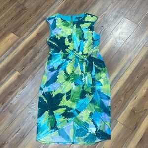 Maggy London Green and Blue Leaf Print Midi Dress